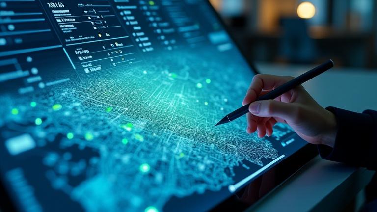 Digitális térképészeti szoftver felülete, 3D városmodellel és adatrácsokkal