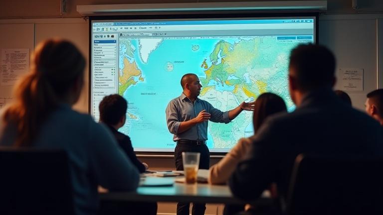 Térinformatikai oktatás keretében oktató magyaráz egy térképes szoftvert diákoknak