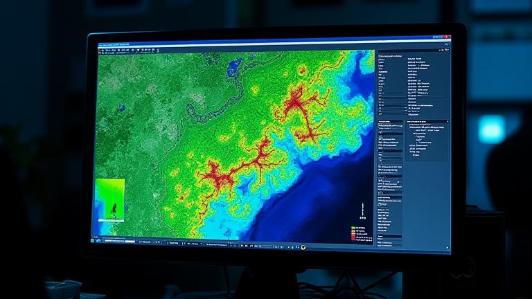 Műholdkép elemző szoftver felülete, különböző vegetációs indexekkel és színes overlay rétegekkel