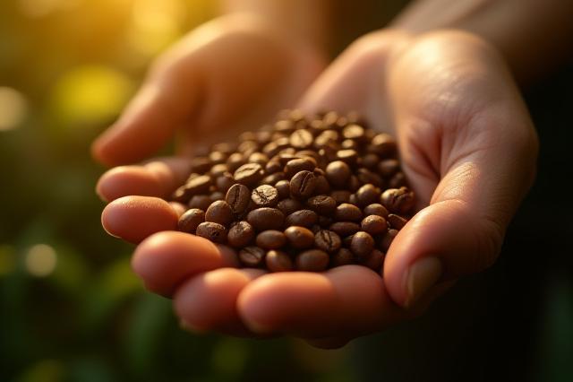 Mano sosteniendo granos de café, simbolizando la conexión entre el cultivo y el éxito comercial