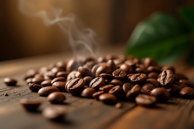 Grano de café tostado, humeante, sobre una mesa de madera rústica, con notas de sabor escritas alrededor.